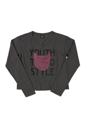 GLOSS GRANDE FILLE. Chandail chat gris à paillette