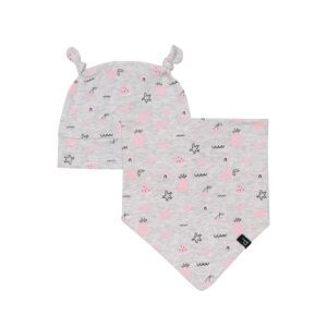 DEUX PAR DEUX Le temps des cerises et des câlins ensemble bonnet/bavoir gris et rose