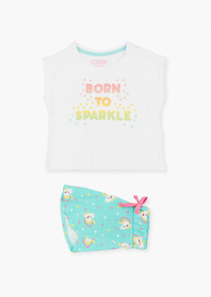 LOSAN PETITE FILLE LICORNE ENSEMBLE SHORT BLANC ET TURQUOISE