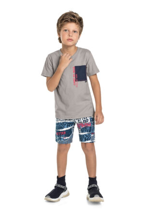 QUIMBY PRINTEMPS/ÉTÉ GARÇON ENSEMBLE T-SHIRT GRIS ET BERMUDA IMPRIMÉ