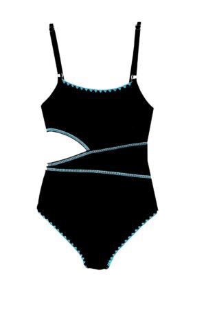 LIMEAPPLE PRINTEMPS FILLE MAILLOT DE BAIN UNE PIÈCE EMBROIDERED NOIR ET BLEU