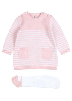 LOSAN AUTOMNE 2022 BÉBÉ LAYETTE FILLE ROBE EN TRICOT ROSE PÂLE ET BLANC (AVEC COLLANT)