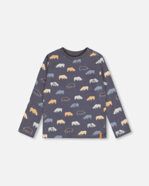 DEUX PAR DEUX AUTOMNE 2023 BOYS CHANDAIL MANCHE LONGUE IMPRIMÉ RHINOCÉROS (EN STOCK)