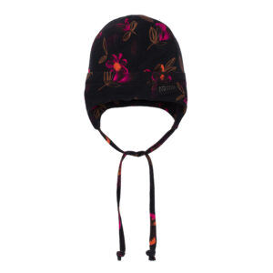 NANO PRINTEMPS 24 TUQUE  EN JERSEY NOIR/FUSHIA AVEC CORDONS (JULIA) (EN STOCK)