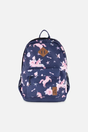 Navy backpack with pink unicorns, stars and flowers, front pocket and brown patch on it