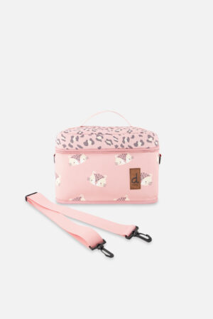 Pink rectangular lunch bag with a leopard-print top, cat-face illustrations on the front, a pink zipper, and a detachable pink strap with black clips.