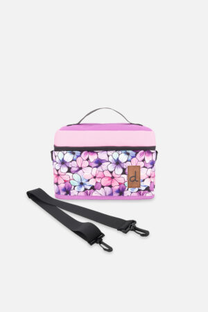 Pink lunch bag with a purple floral pattern, black zipper, and detachable black strap; looks like a compact cooler bag with a top handle.