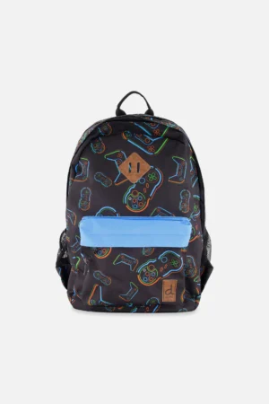 Black backpack with a bright blue front pocket featuring a colorful game-controller pattern.
